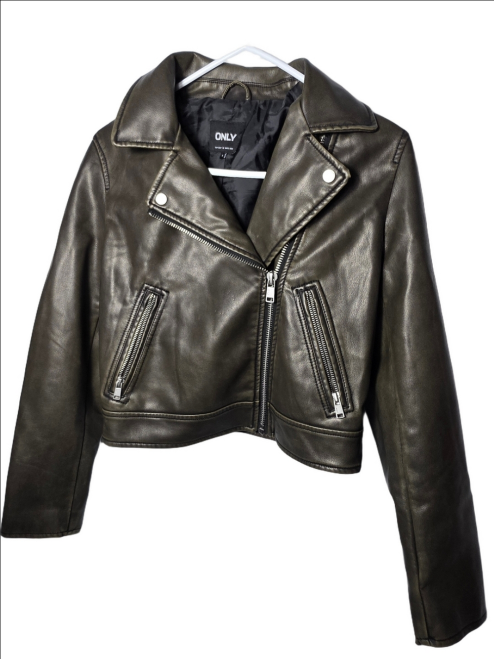 ONLY Women's Cropped Moto Jacket in Dark Olive Small Bikercore Faux Leather